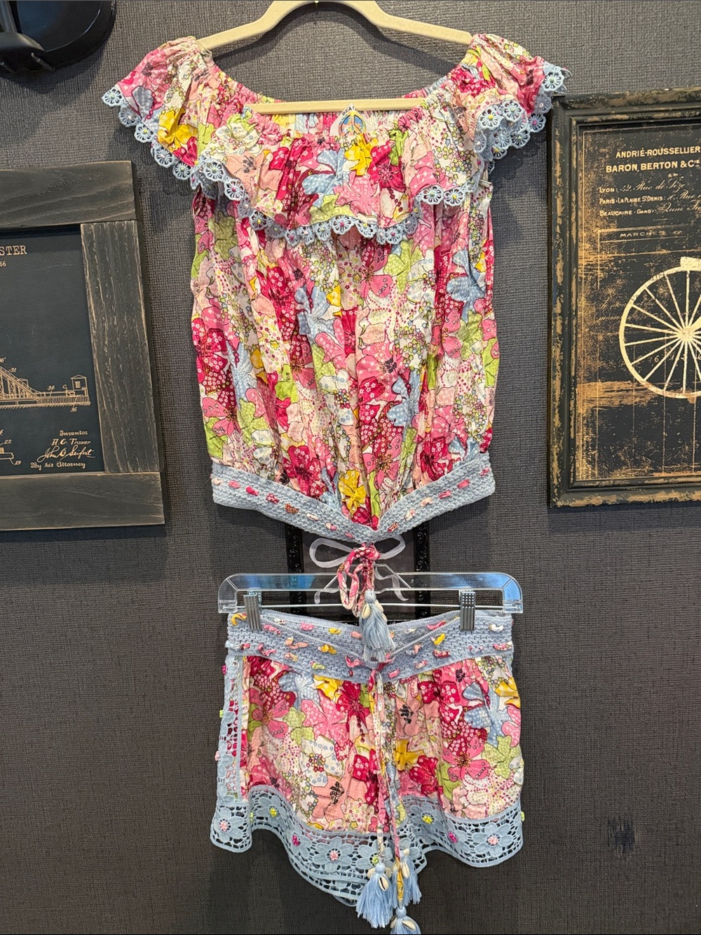 Beatnix Philosophy Pink Multicolor Floral Off-Shoulder Crop Top & Shorts Set